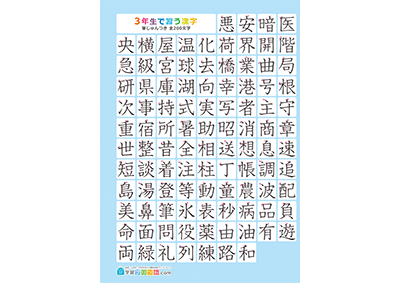 小学3年生の漢字一覧表（筆順付き）A4 ブルー 左